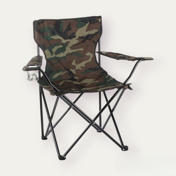 Складной туристический стул со спинкой, подставкой для рук и подстаканником / Кемпинговое кресло, камуфляж
