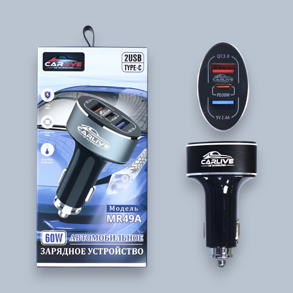 Автомобильное зарядное устройство CARLIVE MR49A, 2 USB + Type-C, QC3.0/PD, 60 Вт, 5V/3.1A, черный / Максимальная мощность для быстрой зарядки