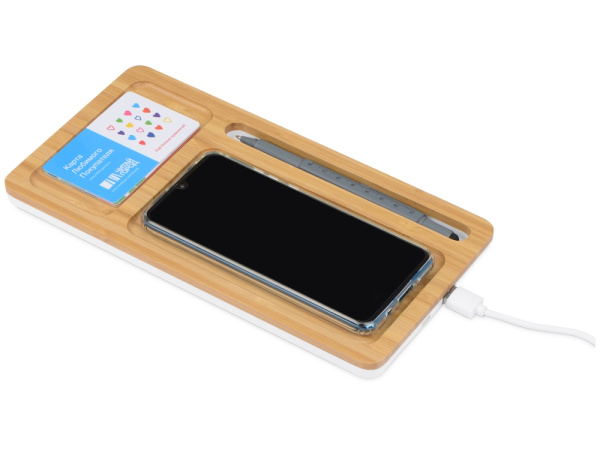 Беспроводное зарядное устройство-органайзер из бамбука «Timber», Цвет натуральный/белый