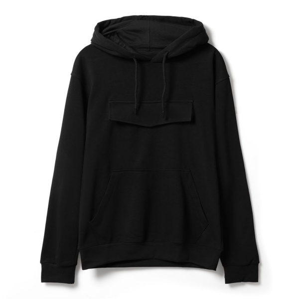 Худи унисекс с карманом на груди Chest Pocket, черное, XS–XXL