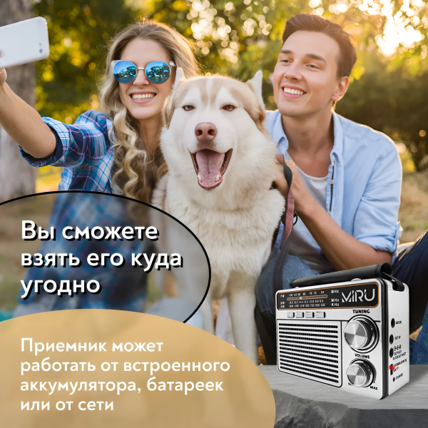 Радиоприемник  SR-1020, аналоговый тюнер FM/AM, встроенный фонарь, USB, TF/SD, microSD, AUX