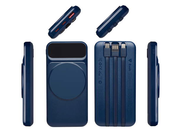 Магнитный беспроводной внешний аккумулятор со встроенными кабелями «Мэни», 10000 мАч, Цвет темно-синий