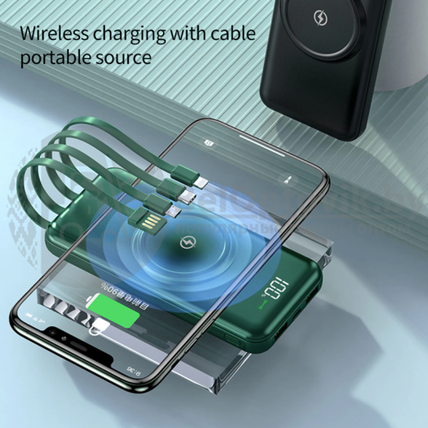 Зарядное устройство 3в1 Fast 4 кабеля /Пауэр банк 20000 мАч/Зарядное Qi для iPhone + Наушники в кейс