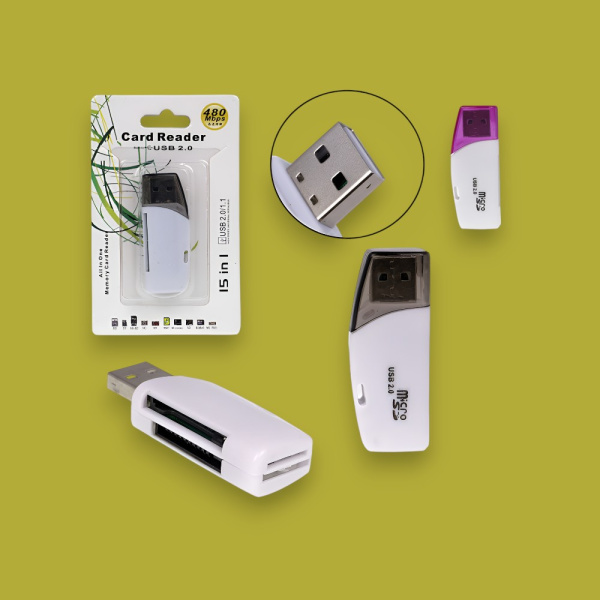Картридер универсальный USB54, 15 в 1 (SD, T-Flash, M2, MMC), 480 Мбит/с (USB 2.0), белый / Компактный и портативный, Plug and Play, Easy to use 