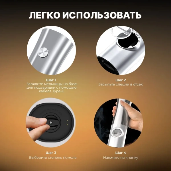 Набор электрических мельниц для специй KA052, с подсветкой, 5 степеней помола, белая / Удобная подставка для хранения и подзарядки