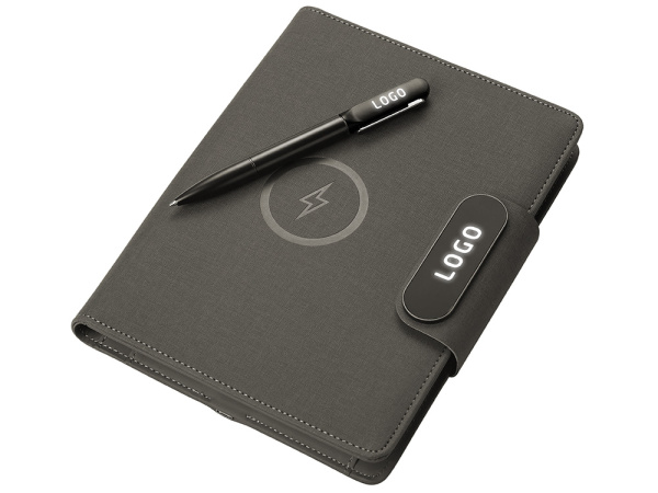 Подарочный набор «Twilight»: органайзер А5 с беспроводной зарядкой и металлическая шариковая ручка со светящимся логотипом, Цвет черный