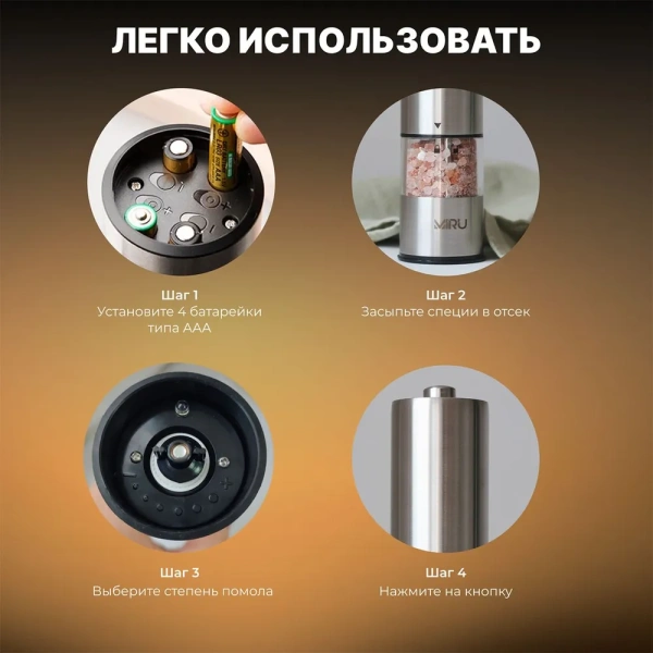 Электрическая мельница для специй  METALFIT KA023, 75 мл, регулировка тонкости помола, LED подсветка, керамические жернова