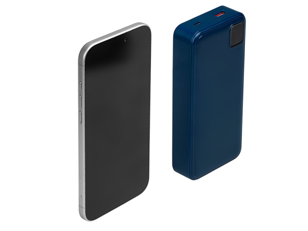 Внешний аккумулятор со встроенными кабелями «Фрэйм Про», быстрая зарядка, 20000мач, Цвет темно-синий