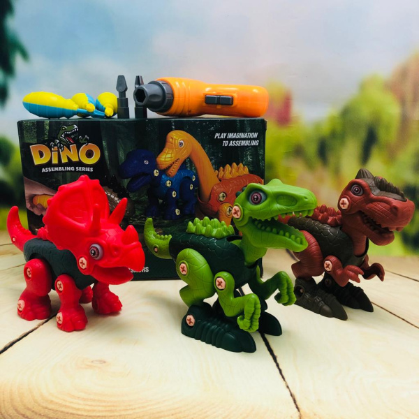 Конструктор DINO с шуруповертом на батарейках. Три динозавра в комплекте! Цвет MIX