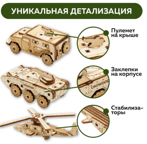 Набор деревянных конструкторов (сборка без клея) UNIT "Современная военная техника" 3 в 1 UNIWOOD