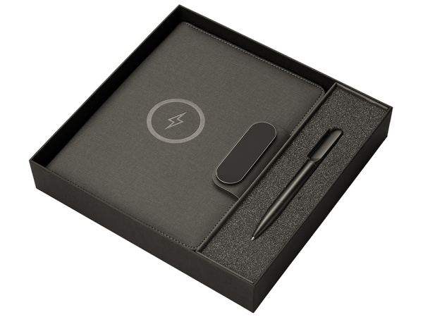 Подарочный набор «Twilight»: органайзер А5 с беспроводной зарядкой и металлическая шариковая ручка со светящимся логотипом, Цвет черный