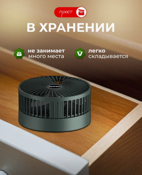 Вентилятор беспроводной настольный cкладной, 3 режима работы, зарядка от ЮСБ