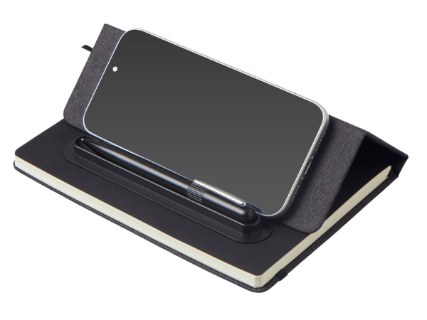 Блокнот А5 «NotaBene» с металлической шариковой ручкой и подставкой для телефона, Цвет черный