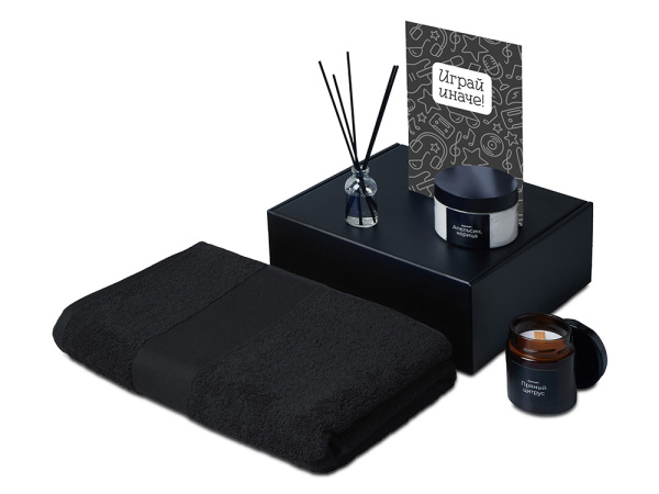 Подарочный набор «Re:y. Care» с полотенцем, солью для ванны и диффузором, Цвет черный