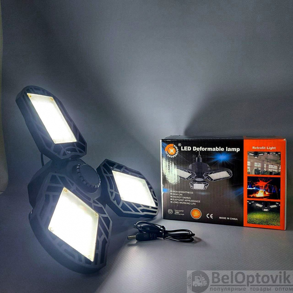 Складная гаражная подвесная лампа на 3 лепестка LED Deformable lamp XF-701  (USB+солнечная батарея, 5 режимов работы) (арт: TDA-4432) от 452 ₽ рублей  оптом в Москве