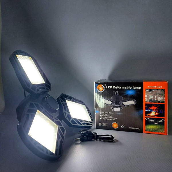Складная гаражная подвесная лампа на 3 лепестка LED Deformable lamp XF-701 (USB+солнечная батарея, 5 режимов работы)