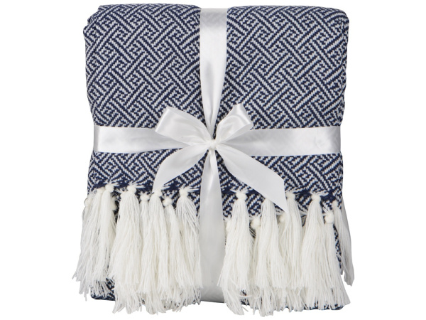 Плед акриловый с белой бахромой «Tassel», Цвет темно-синий