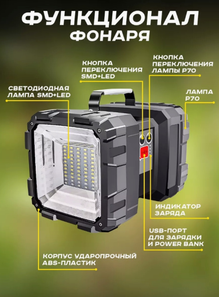 Фонарь-прожектор аккумуляторный ручной, 100 000 Лм, 8 часов без позарядки, 8000 мАч, дальность 1500 м, встроенный Power Bank