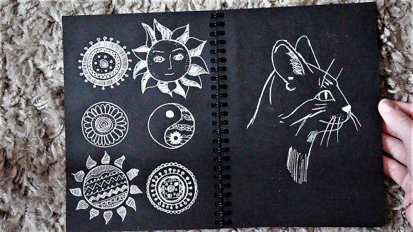 Скетчбук блокнот "Sketchbook" для рисования + белая ручка (А5, плотные листы, чёрная бумага, спираль