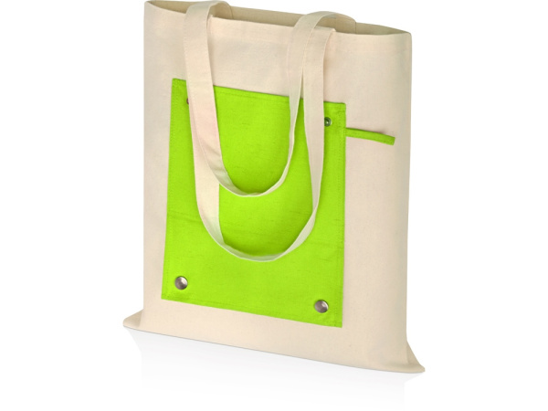Складная хлопковая сумка для шопинга «Gross» с карманом, 180 г/м2, Цвет натуральный/зеленое яблоко