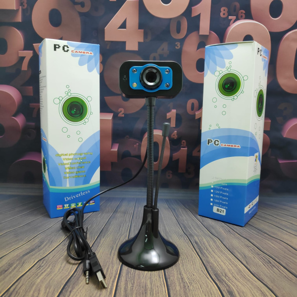 Веб-камера USB для компьютера PC camera В21 Black с микрофоном, разрешение 640х480, подсветка, длина