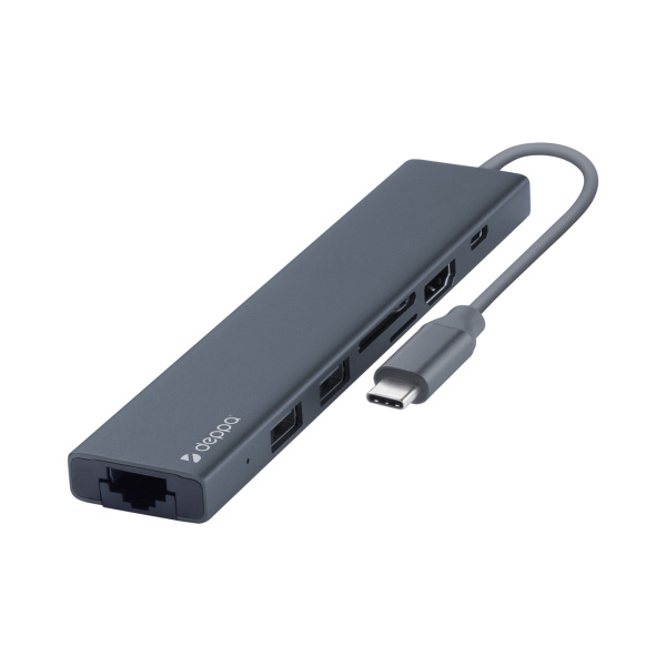 USB Type-C хаб 7-в-1, HDMI, Power Delivery, 2xUSB 3.0, RJ45, microSD/SD, Цвет графит