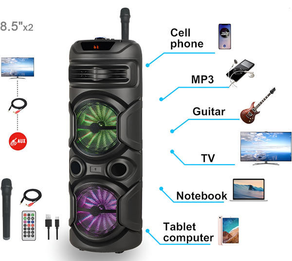 Беспроводная Bluetooth колонка Kingster KST-8812, RGB-подсветка, два 8-дюймовых динамика, 3600 мАч, черный / Мощный звук с ярким светом