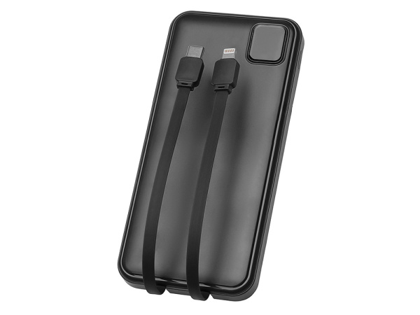 Внешний аккумулятор со встроенными кабелями «Фрэйм», 10000мач, Цвет черный