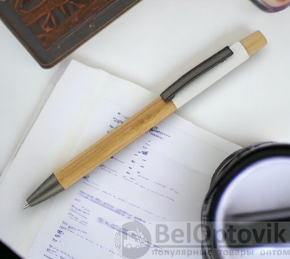 Ручка "Авалон" с корпусом из бамбука и софт-тач вставкой-S / Белая