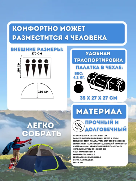 4-х местная палатка для кемпинга / Быстросборная