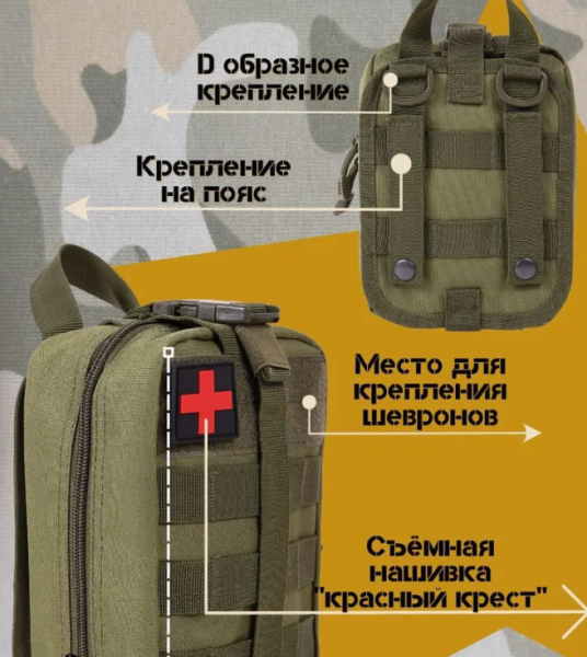 Тактическая сумка - аптечка укомплектованная 28 предметов / дорожный подсумок - аптечка для выживания / зеленая 21х15х10 см.