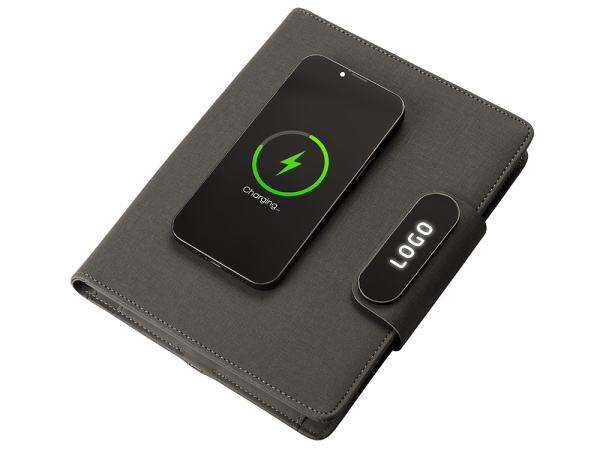 Подарочный набор «Twilight»: органайзер А5 с беспроводной зарядкой и металлическая шариковая ручка со светящимся логотипом, Цвет черный