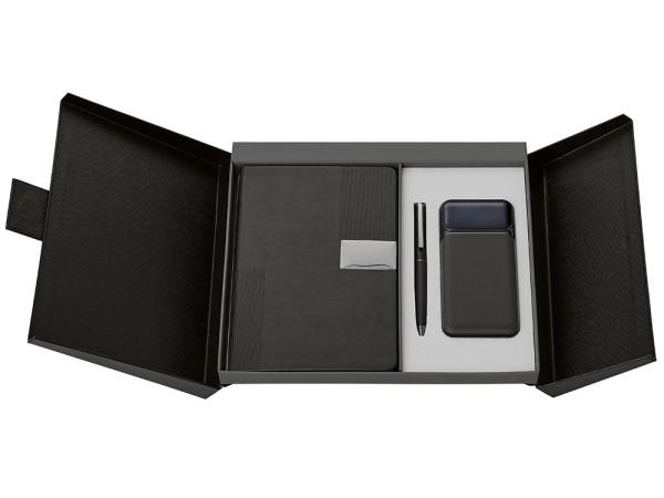 Подарочный набор «Tesla» с блокнотом А5, ручкой и пауэрбенком на 10 000 mAh, Цвет черный