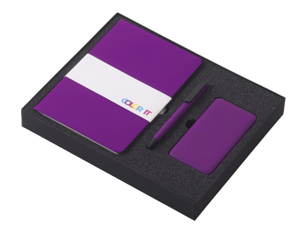 Подарочный набор «COLOR IT» c блокнотом, ручкой и повербанком, 5000 mAh, Размер твердая обложка, Цвет фиолетовый