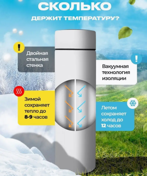 Термос с индикатором температуры и ситечком, 500 мл. / Белый, матовый