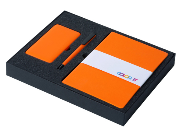 Подарочный набор «COLOR IT» c блокнотом, ручкой и повербанком, 5000 mAh, Размер твердая обложка, Цвет оранжевый