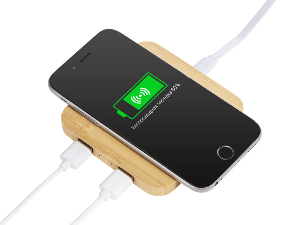 USB-хаб с беспроводной зарядкой из бамбука «Plato», 5 Вт, Цвет натуральный
