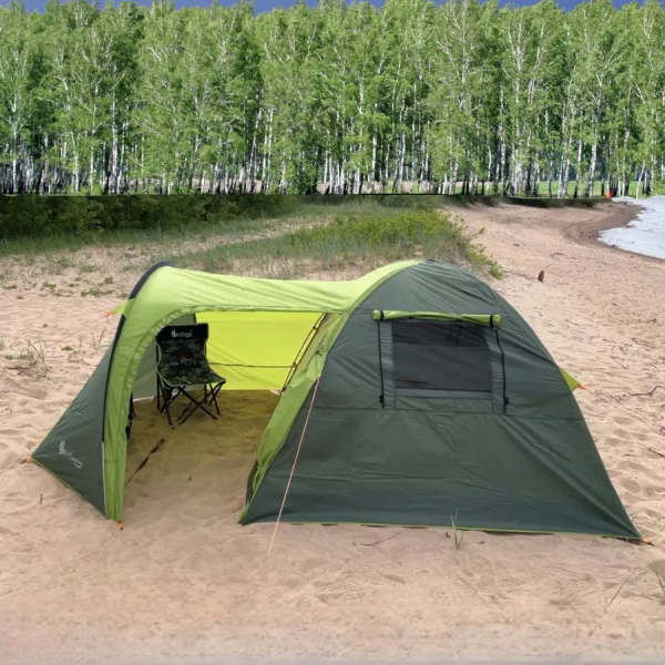 Палатка трехместная с тамбуром для кемпинга, походов и рыбалки 360*220*140см Цвет Зеленый