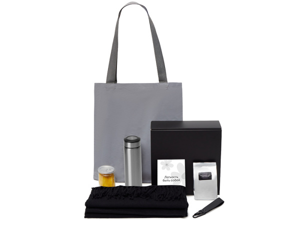 Подарочный набор «Re:f. Walk» с палантином, шоппером и термосом, Цвет черный