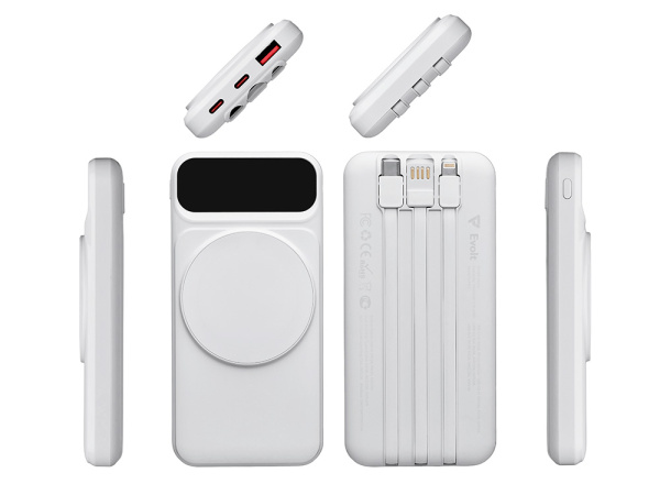 Магнитный беспроводной внешний аккумулятор со встроенными кабелями «Мэни», 10000 мАч, Цвет белый