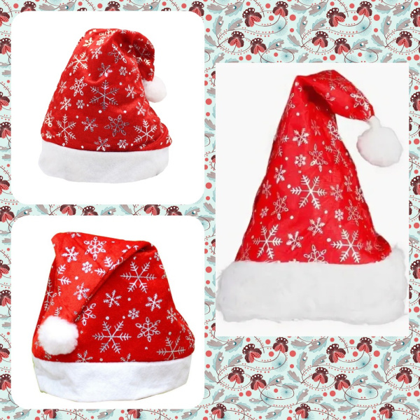 Новогодний колпак Деда Мороза с опушкой / белые снежинки, красный плюш