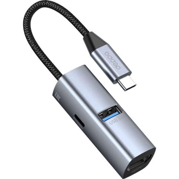 USB-хаб 3 в 1 USB-C - USB-A3.0 + USB-C PD100Вт + HDMI, Цвет серый