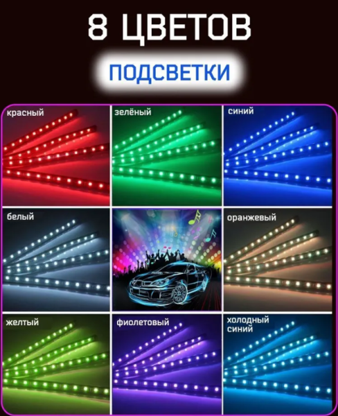 Универсальная светодиодная RGB led подсветка салона с контроллером и датчиком музыки для автомобиля 