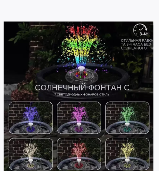 Садовый фонтан на солнечной батарее Led RGB для сада, с подсветкой, 18 см.