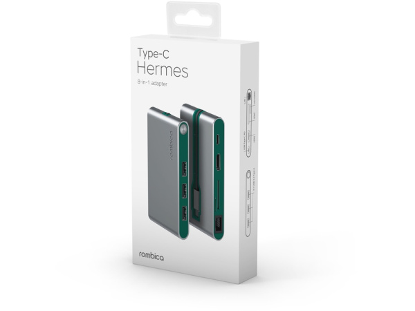 Хаб 8-в-1 Type-C «Hermes», USB 3.0 x 3, Type-C PD, HDMI, LAN, картридер, Цвет зеленый