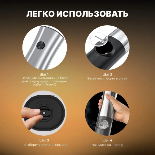 Набор электрических мельниц для специй  KA051 с подсветкой, 5 степеней помола, черная