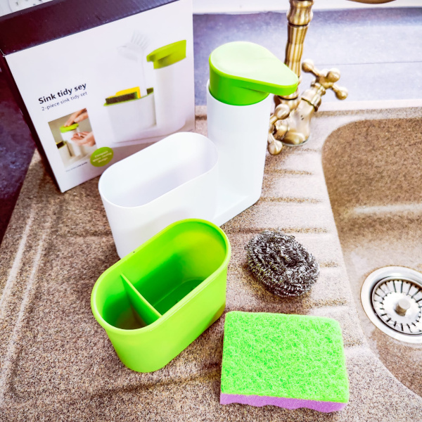 Диспенсер Sink tidy sey 2 в 1 (кухонный органайзер и дозатор жидкого мыла/моющего средства), оливков