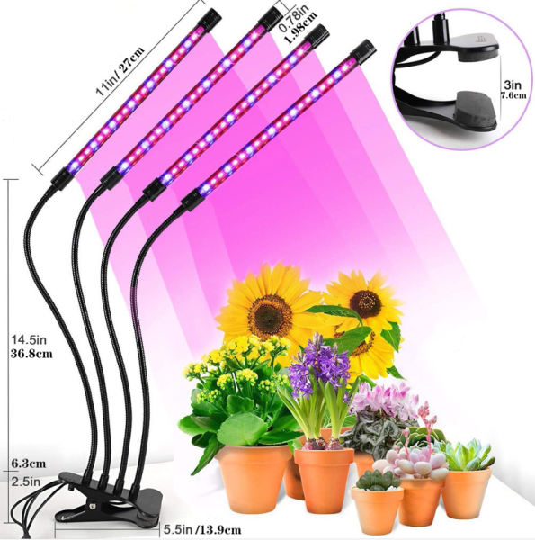 Светодиодная Фитолампа полного спектра для растений и рассады 40Вт на прищепке (3 режима работы), 4 лампы