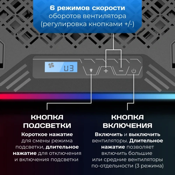 Подставка CP2003 Fanotrium для ноутбука 19", 	 1120 мА, 5,5 Вт, 3 вентилятора, 1000-1300 RPM / Регулировка наклона, подсветка