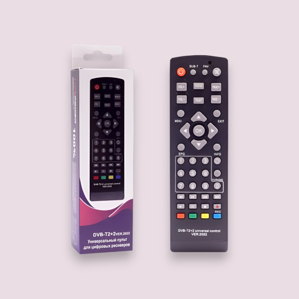 Пульт д/у универсальный для ресиверов DVB T2+2 version 2025, IR интерфейс, радиус до 10 м, черный / Универсальное управление для всех DVB T2+2 ресиверов